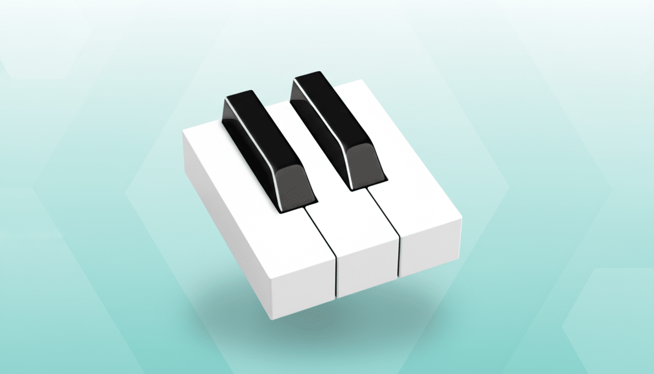 A 16:9 aspect ratio image featuring a minimalist piano keyboard icon with two black keys and three white keys, set against a professional flat design background with soft blue and white geometric patterns.