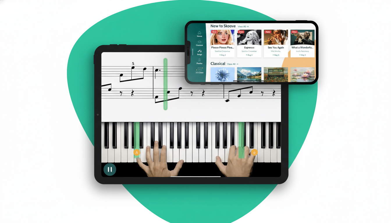 A tablet displaying a piano learning app with hands on the virtual keyboard, and a smartphone showing the apps course selection, all set against a professional flat design background.