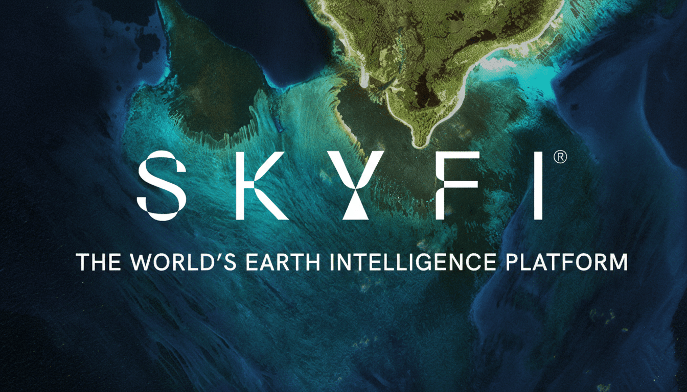 The SkyFi logo and tagline THE WORLDS EARTH INTELLIGENCE PLATFORM in white text, overlaid on a satellite image of a coastline with clear blue water and green land, resized to a 16:9 aspect ratio.