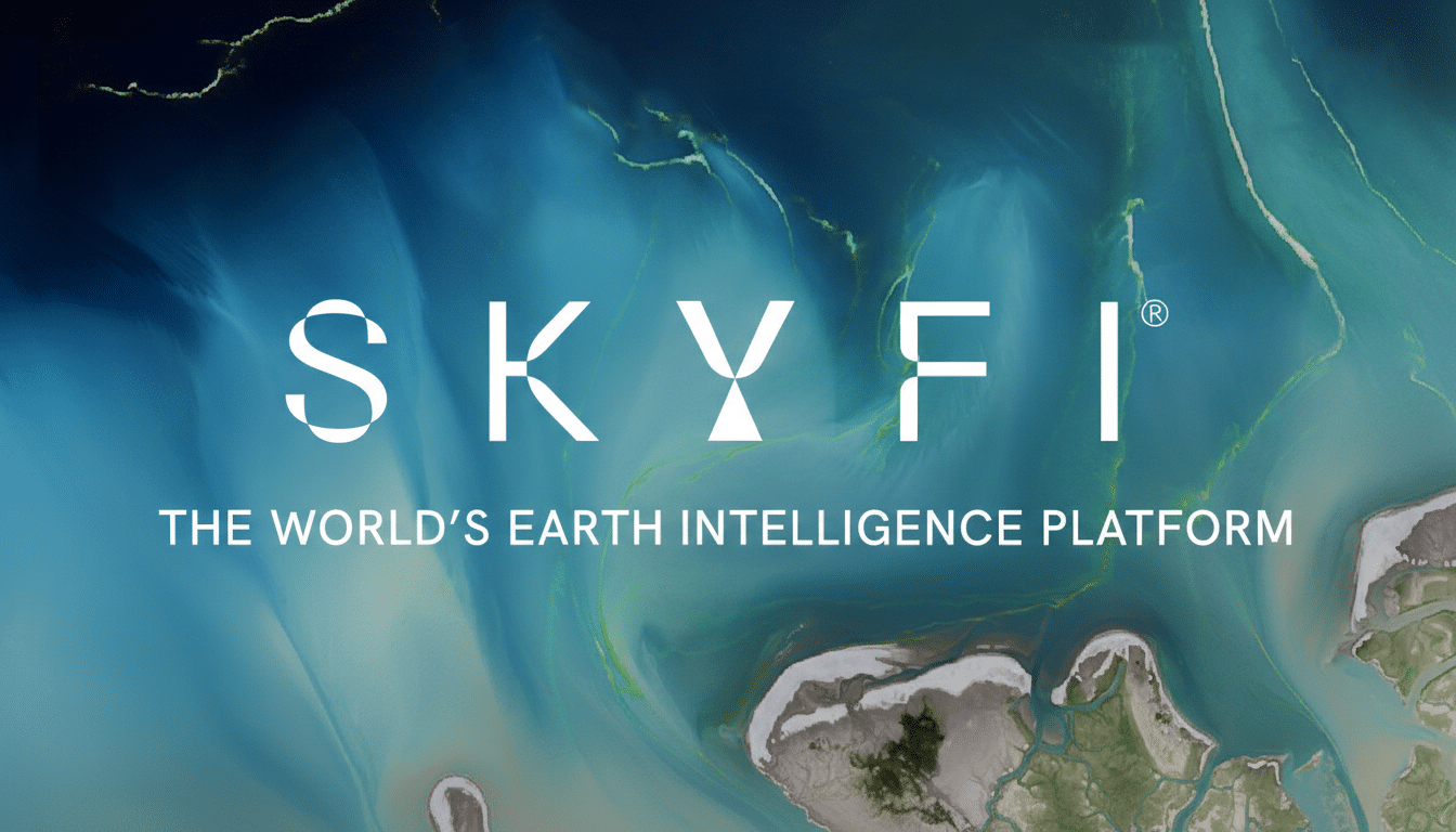 The SkyFi logo and tagline THE WORLDS EARTH INTELLIGENCE PLATFORM are displayed in white text over a satellite image of swirling blue and green waters with landmasses.