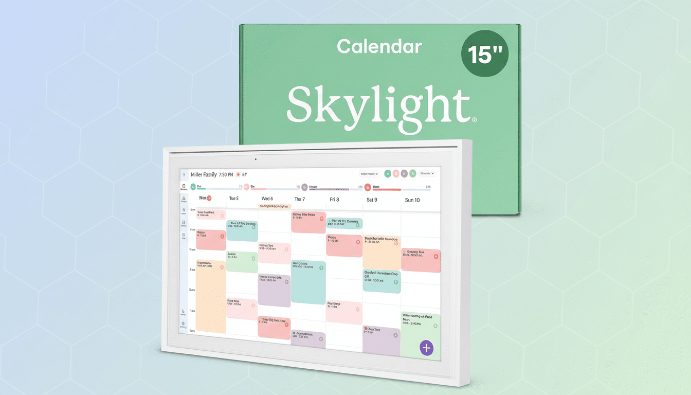 A white digital calendar device displaying a familys schedule, with a green box labeled Skylight Calendar 15 in the background.
