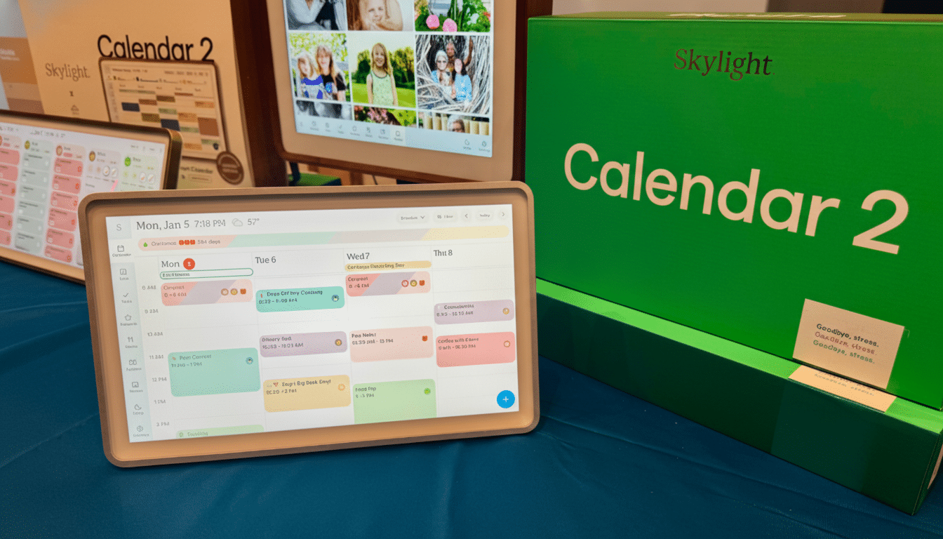 A Skylight Calendar 2 device displaying a weekly schedule, with other Skylight products and packaging in the background.