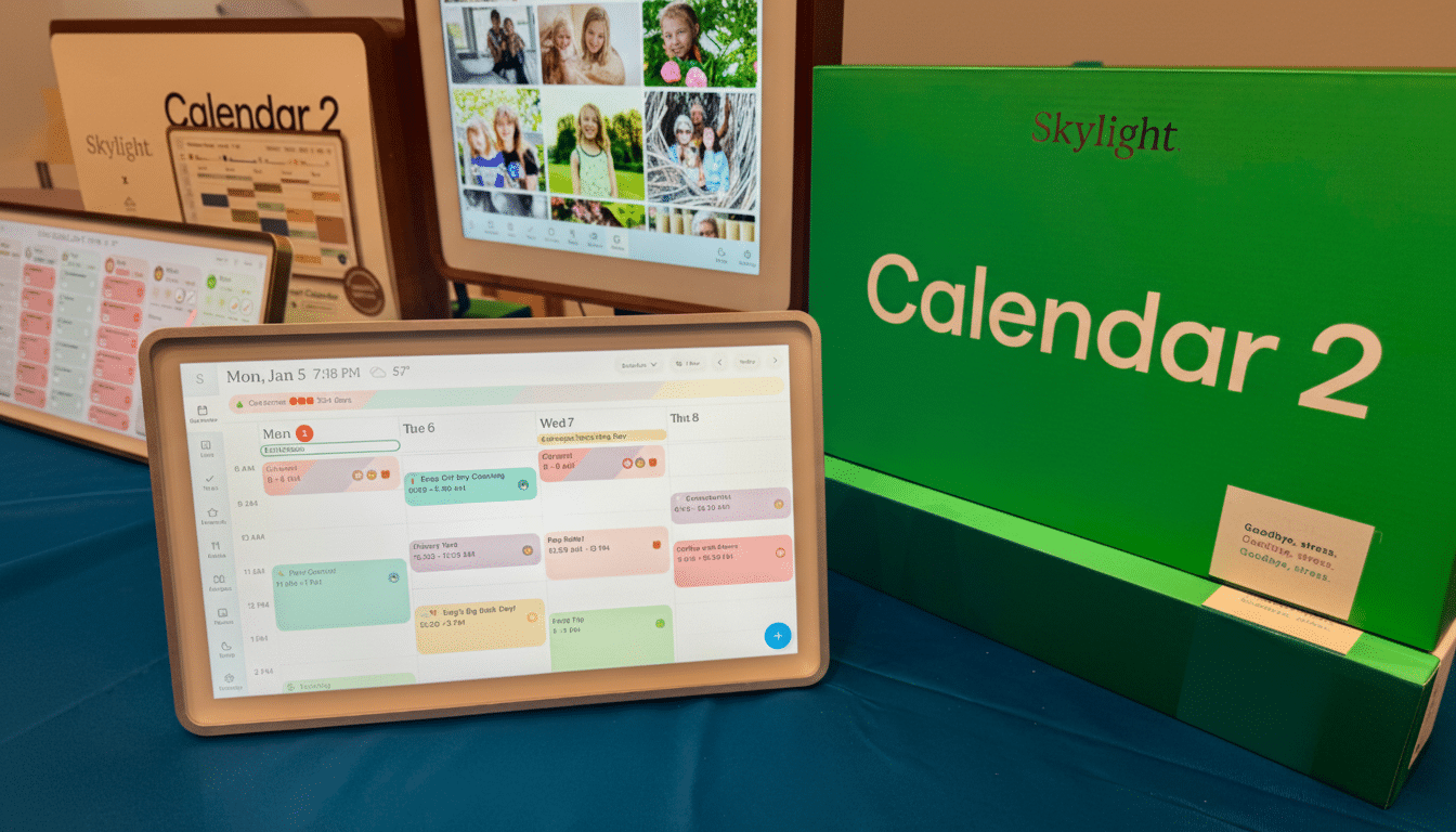 A Skylight Calendar 2 device displaying a digital calendar with various appointments, positioned in front of a green box for the Skylight Calendar 2.