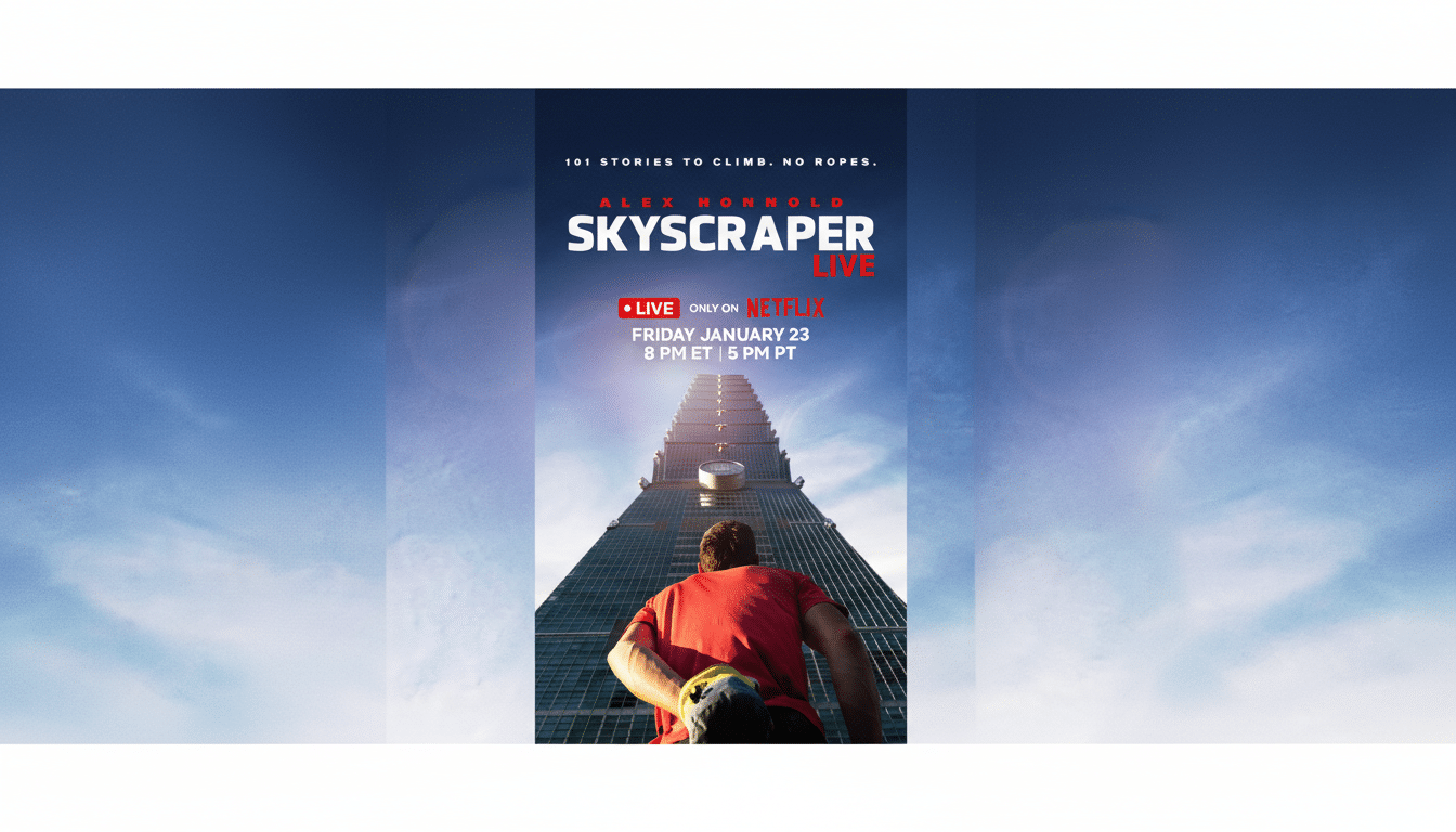 A promotional image for Alex Honnold: Skyscraper Live on Netflix, showing a man in a red shirt looking up at a tall skyscraper, with text overlaying the image.