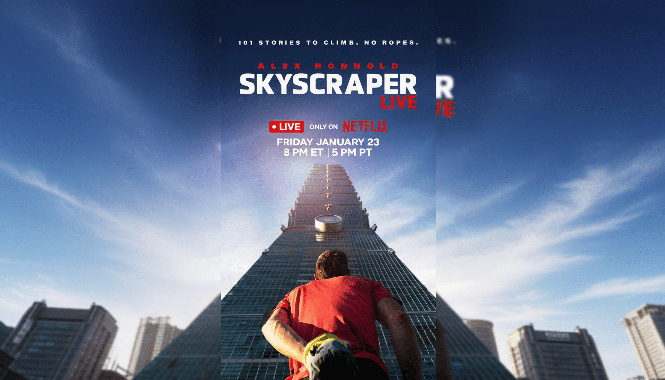 A man in a red shirt looking up at a tall skyscraper, with text overlay advertising Alex Honnold Skyscraper Live on Netflix.