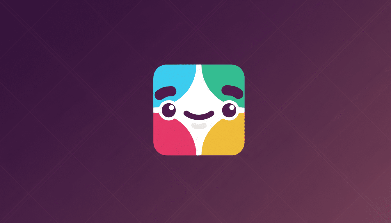 A 16:9 aspect ratio image featuring the Slack app icon, a colorful square with a smiling face, centered on a dark purple background with a subtle diagonal grid pattern.
