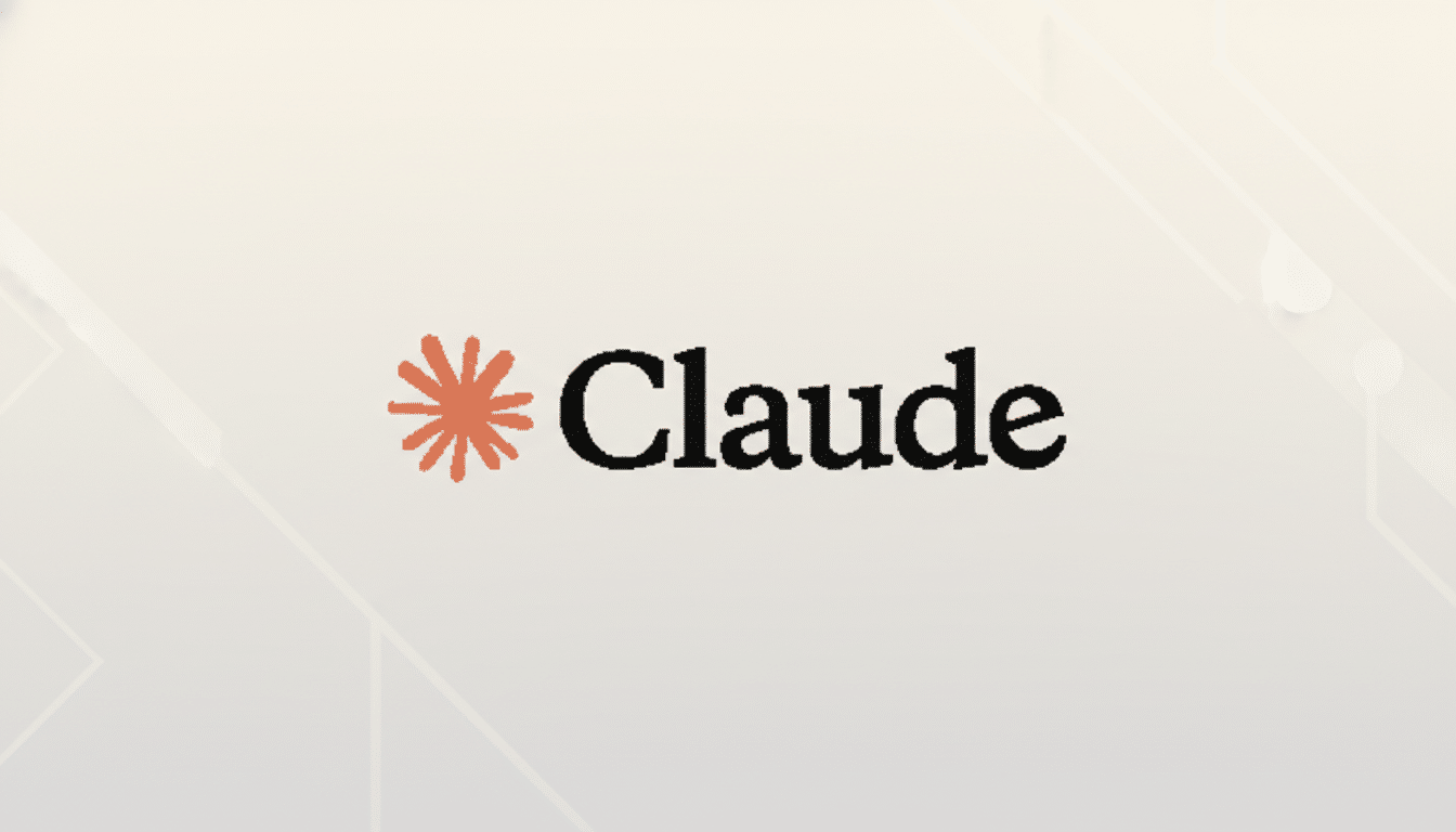 The Claude logo, featuring an orange starburst icon to the left of the word Claude in black text, presented on a professional light beige background with subtle geometric patterns.