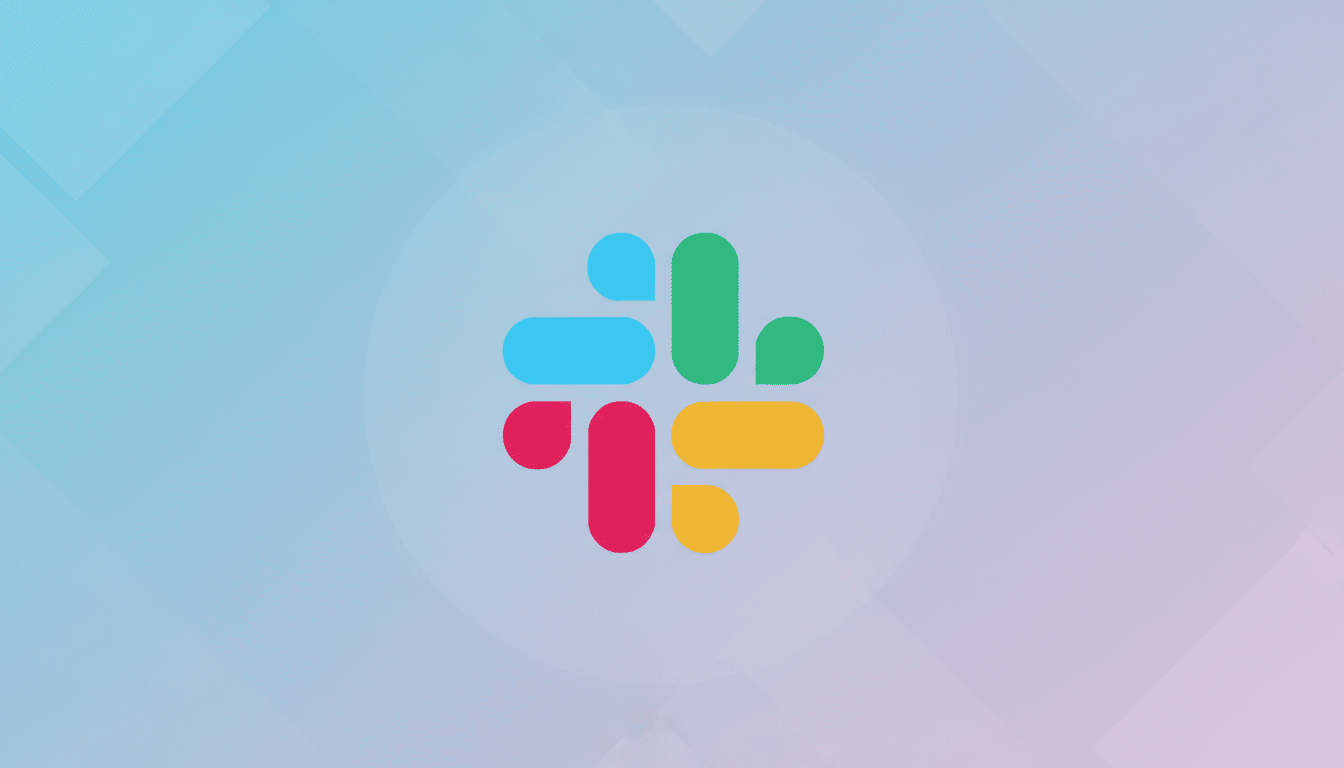 The Slack logo, a colorful, abstract knot-like design, centered on a professional flat background with soft blue and pink gradients and subtle geometric patterns.