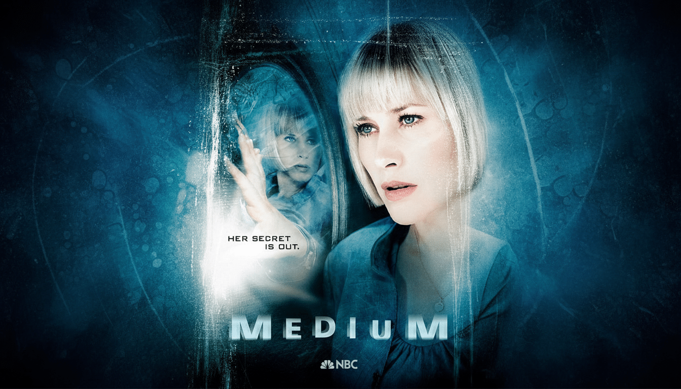 A 16:9 aspect ratio image of the Medium TV series poster, featuring Patricia Arquette with blonde hair and blue eyes, looking slightly to the right. In the background, a blurred reflection of her face is visible. The text HER SECRET IS OUT. and MEDIUM with the NBC logo are also present.