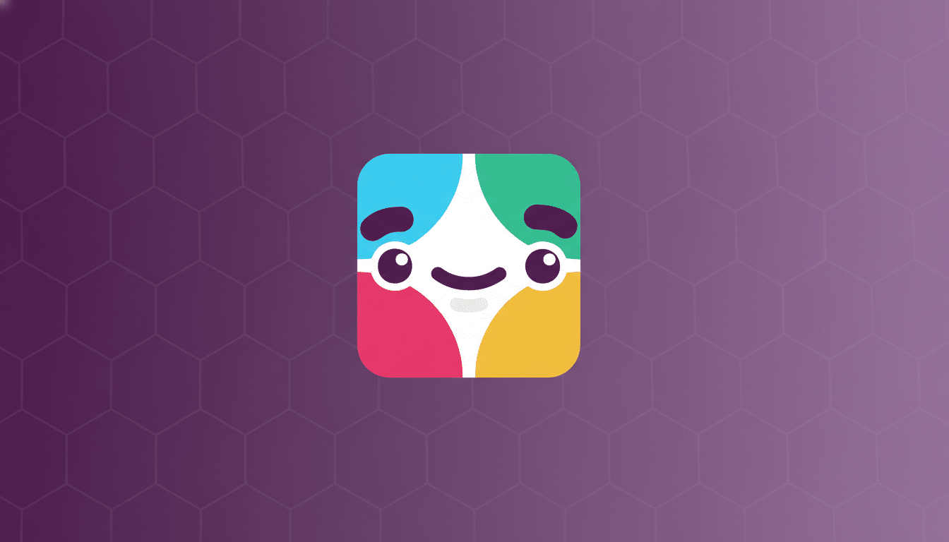 A 16:9 aspect ratio image featuring the Slack app icon, a colorful square with a smiling face, centered on a professional dark purple background with a subtle hexagonal pattern and a soft gradient.