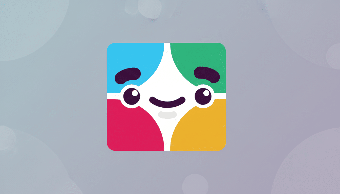 The Slack app icon, a friendly, smiling face made of four colorful quadrants (blue, green, red, yellow) with a white diamond in the center, is presented on a professional gray background with subtle, soft circular patterns and a gradient.