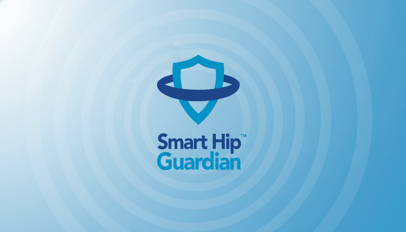 The Smart Hip Guardian logo, featuring a blue shield with a darker blue ring around it, centered on a light blue background with subtle concentric circle patterns.