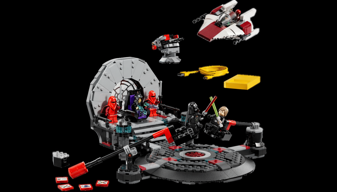 A Lego set depicting a scene from Star Wars, with Darth Vader and Luke Skywalker dueling, Emperor Palpatine on his throne, and an A-wing fighter in the background.