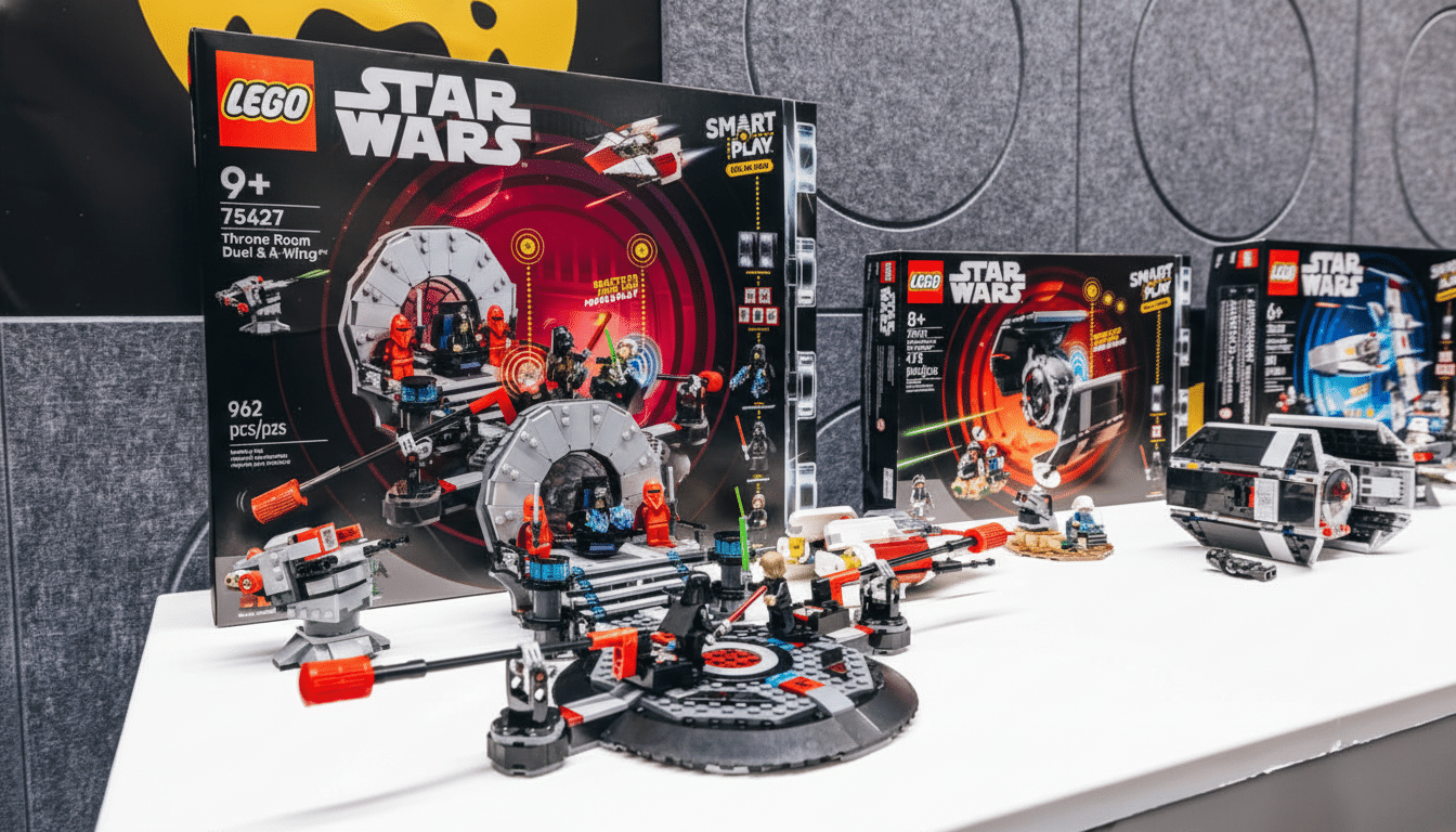 A collection of LEGO Star Wars sets, including the Throne Room Duel & A-Wing set, displayed on a white surface with a gray textured background.