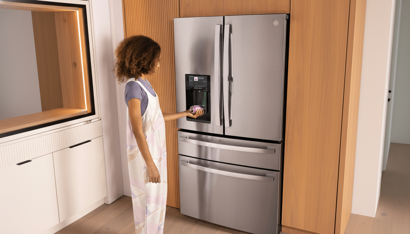 A young woman with curly hair is standing in a modern kitchen, filling a pink can with water from the dispenser of a stainless steel GE refrigerator.