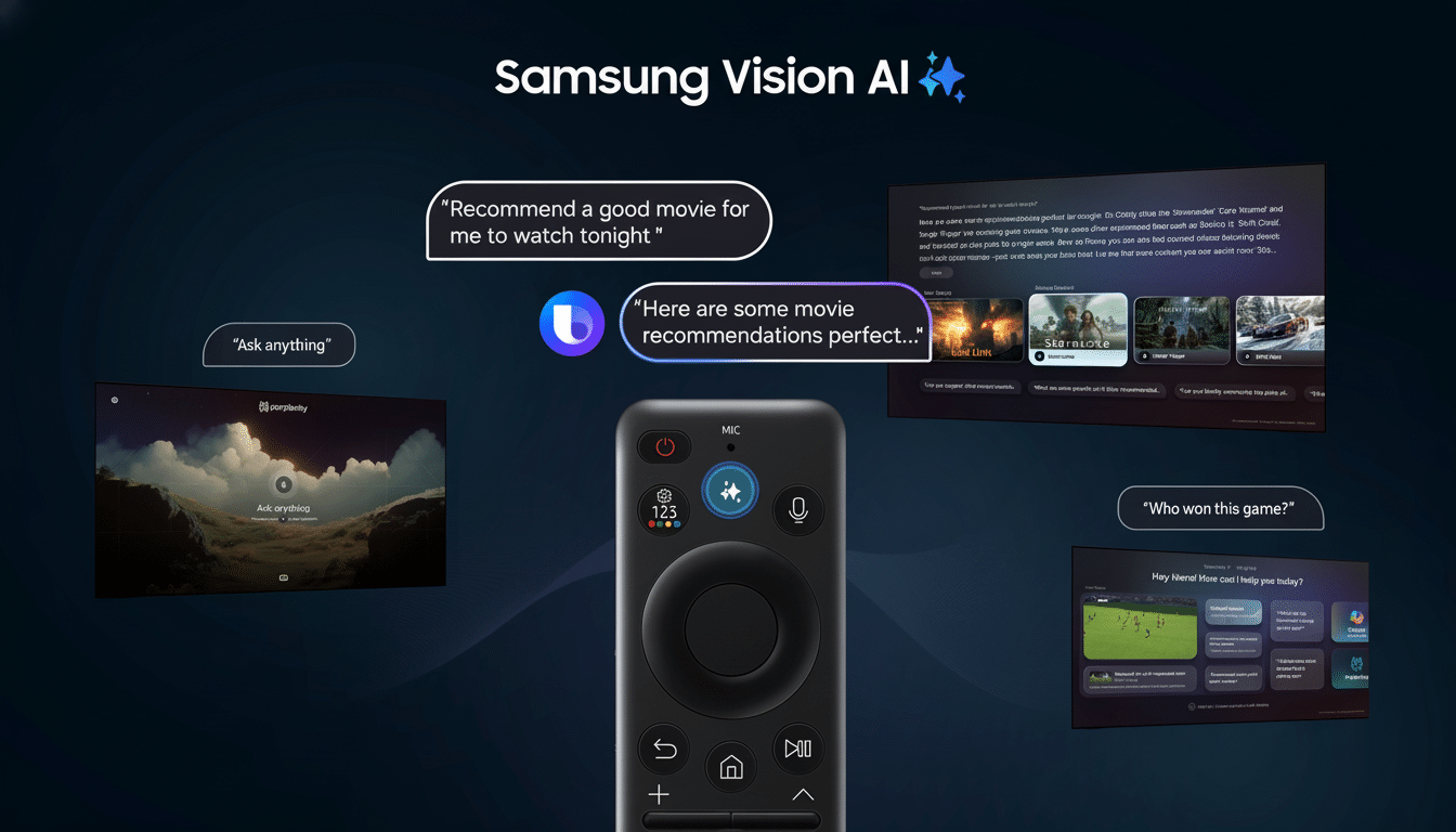 A Samsung Vision AI remote control in the center, surrounded by various screens displaying AI-powered features like movie recommendations and game scores.