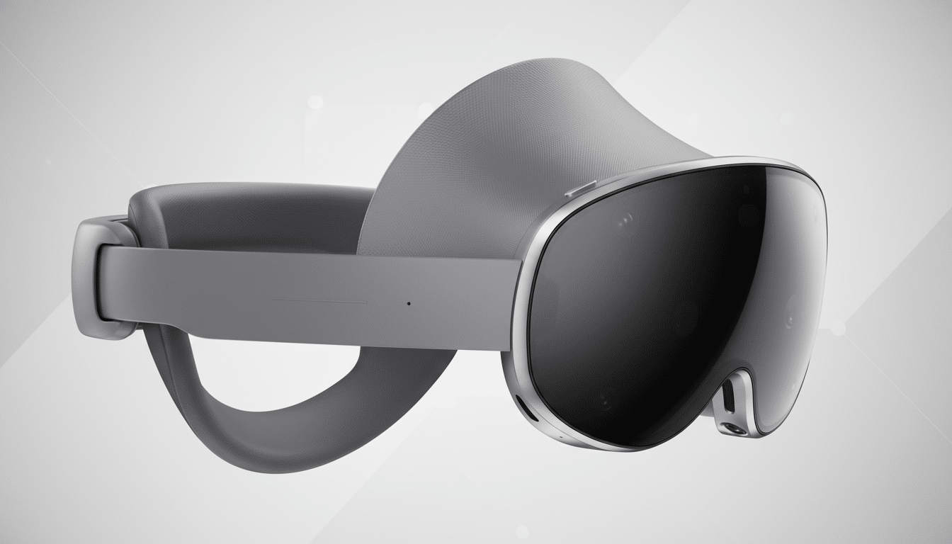 A gray virtual reality headset with a black visor and silver trim, presented on a professional light gray background with subtle geometric patterns.