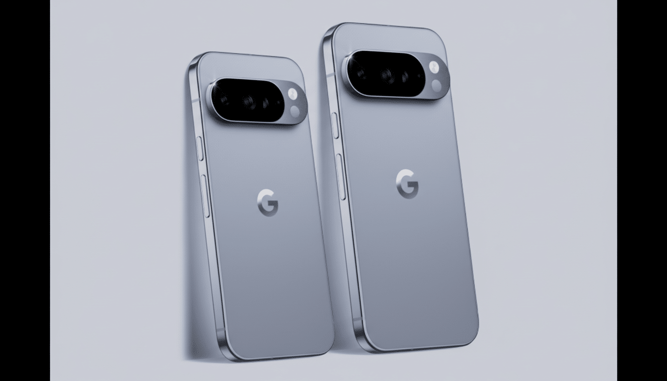 Two light blue Google Pixel phones are displayed at a slight angle against a light gray background. The phones have a prominent horizontal camera bar near the top and a G logo in the center.