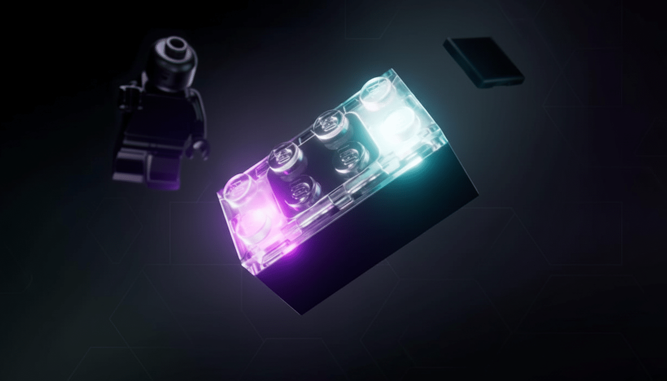 A black Lego brick with glowing pink and blue lights, a black Lego minifigure, and a black flat Lego piece, all against a dark, subtly patterned background.