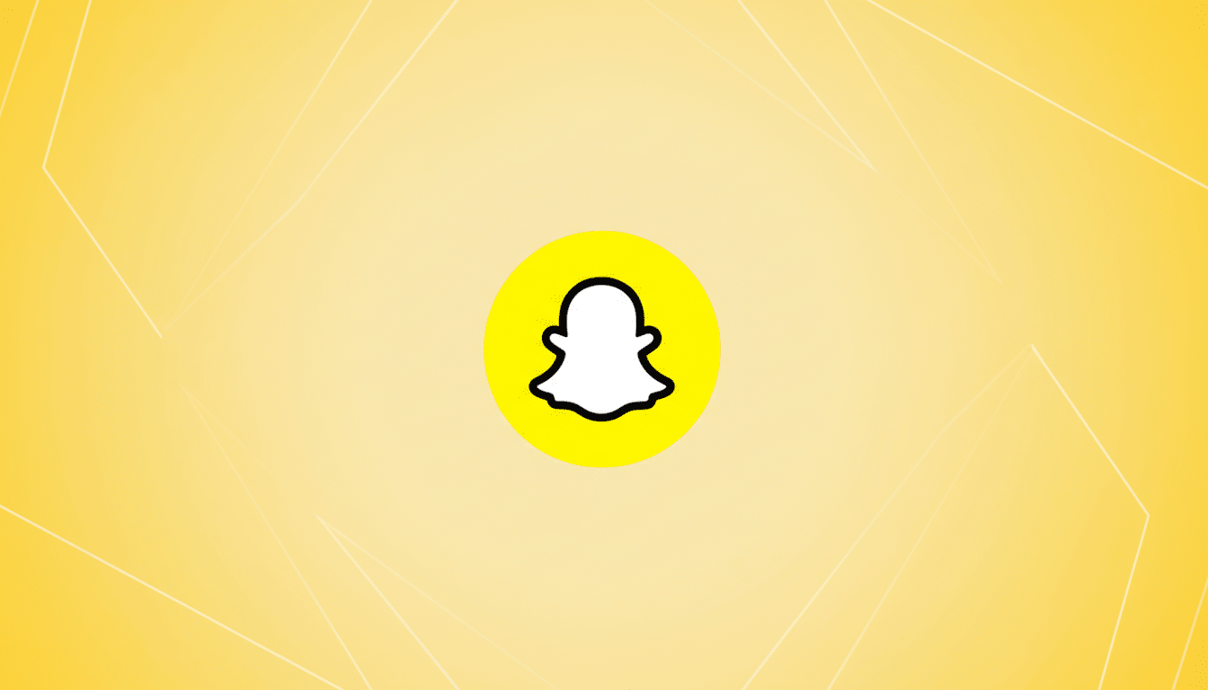 The Snapchat ghost logo, a white ghost on a yellow circle, centered on a professional 16:9 background with a soft yellow gradient and subtle geometric patterns.