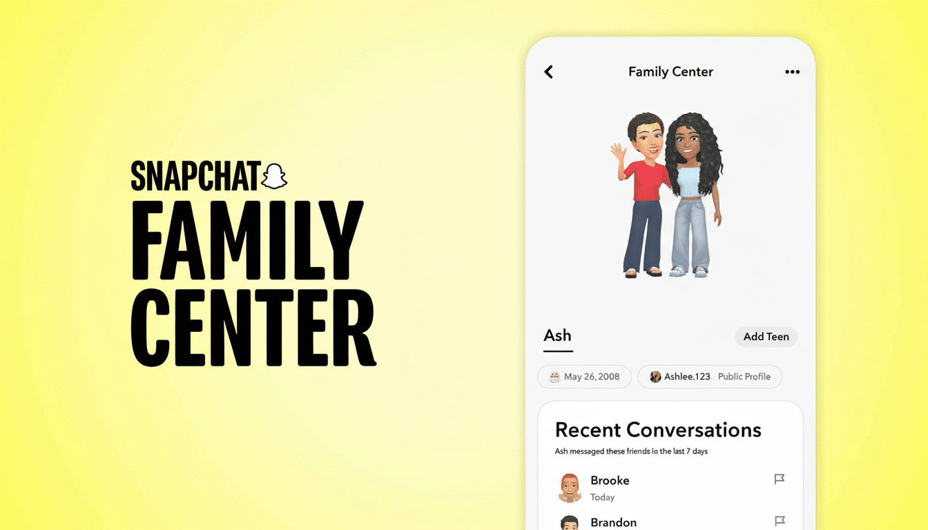A 16:9 aspect ratio image of the Snapchat Family Center logo and a screenshot of the apps Family Center feature, showing two cartoon avatars and recent conversations.