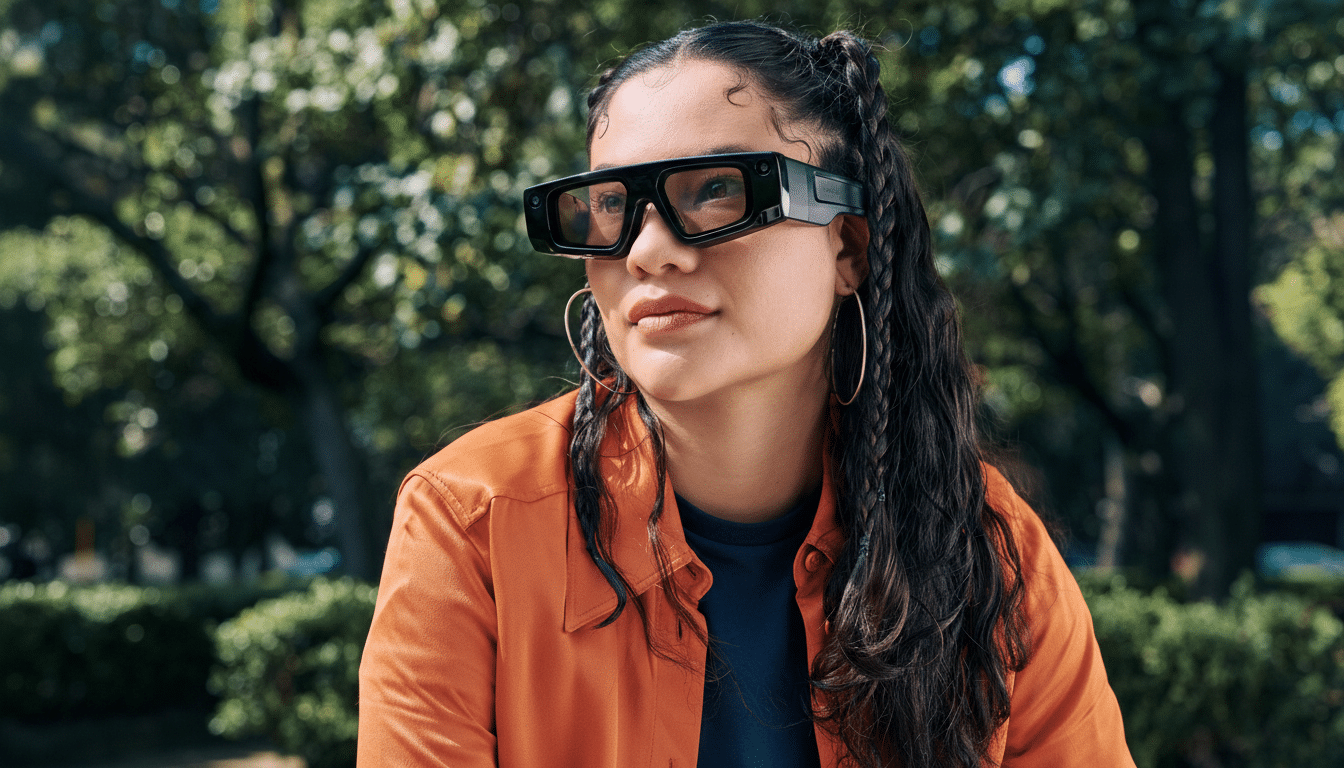 A woman wearing black smart glasses and an orange shirt, looking slightly to her right with a blurred green outdoor background.