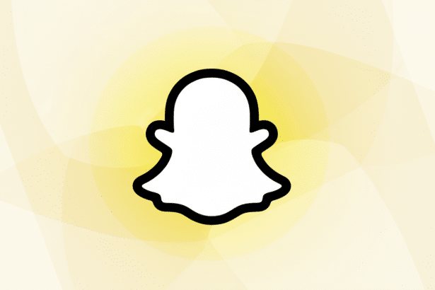 The Snapchat ghost logo centered on a professional flat design background with soft yellow and white patterns and gradients.