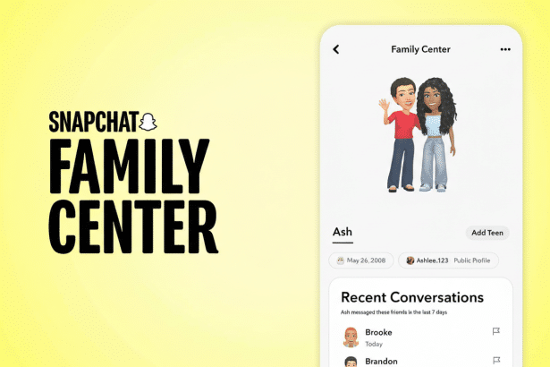 A 16:9 aspect ratio image of the Snapchat Family Center interface, featuring the Snapchat logo and FAMILY CENTER text on a yellow background, alongside a mobile screen displaying user profiles and recent conversations.