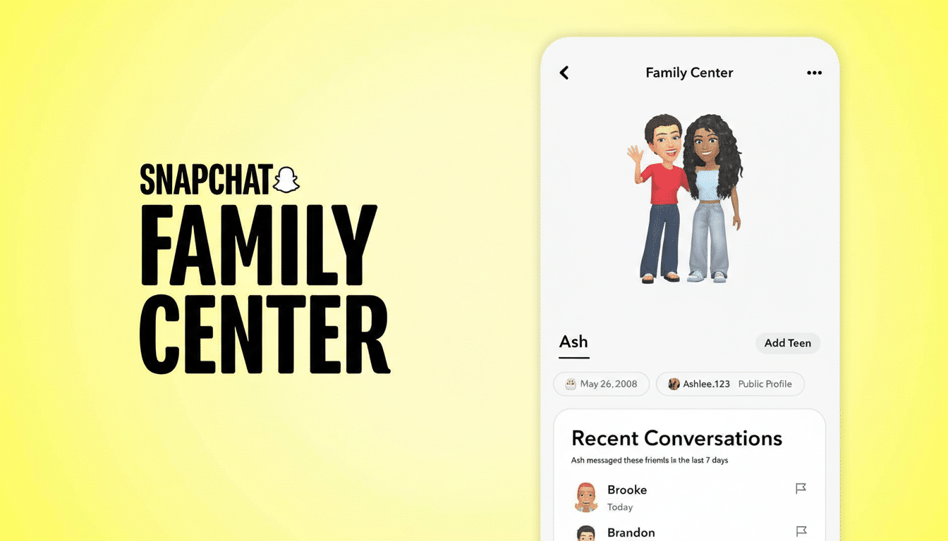 A 16:9 aspect ratio image of the Snapchat Family Center interface, featuring the Snapchat logo and FAMILY CENTER text on a yellow background, alongside a mobile screen displaying user profiles and recent conversations.
