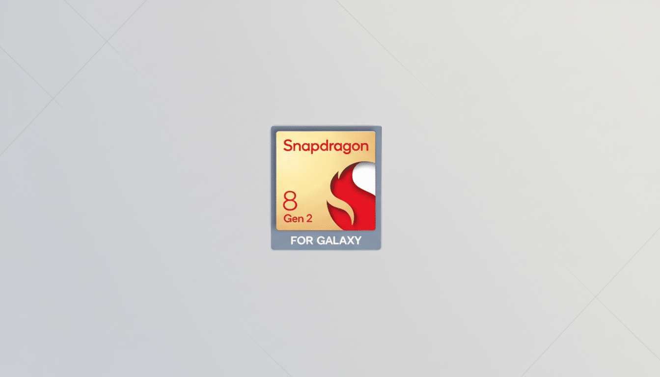 A 16:9 aspect ratio image featuring the Snapdragon 8 Gen 2 For Galaxy logo centered on a professional flat design background with subtle gray patterns.