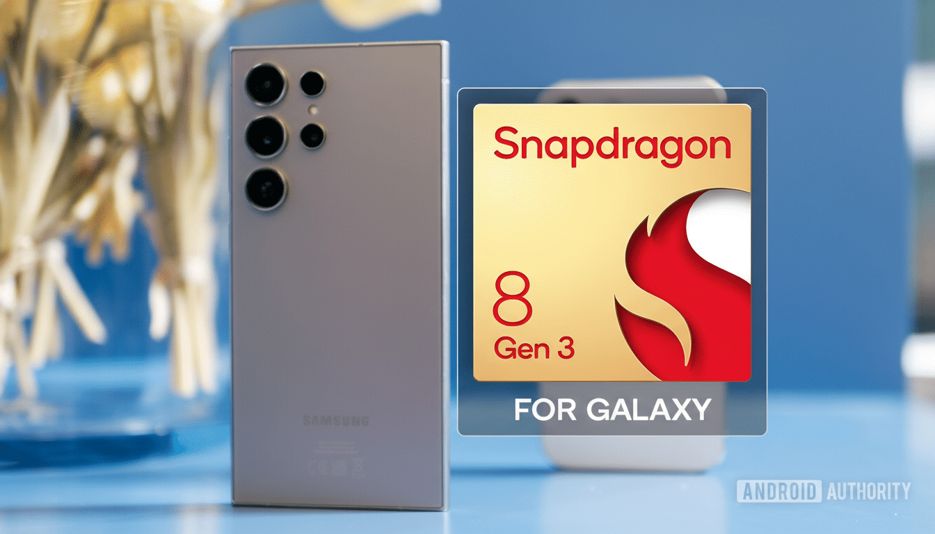 A Samsung smartphone next to a Snapdragon 8 Gen 3 For Galaxy logo, resized to a 16:9 aspect ratio with professional enhancements.