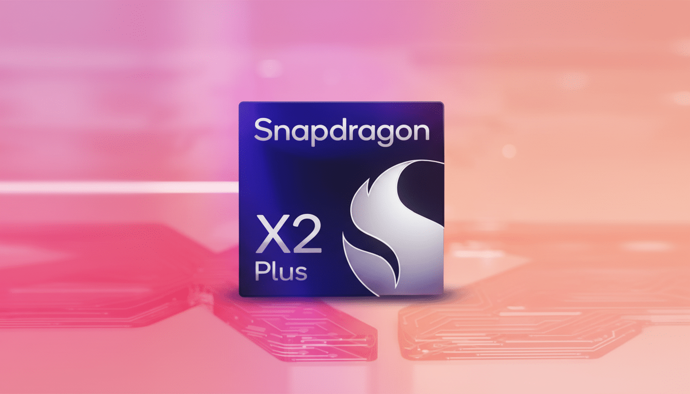 The Snapdragon X2 Plus logo, a dark blue square with Snapdragon at the top and X2 Plus below, next to a stylized white S logo, set against a blurred background of pink and orange circuit board elements.