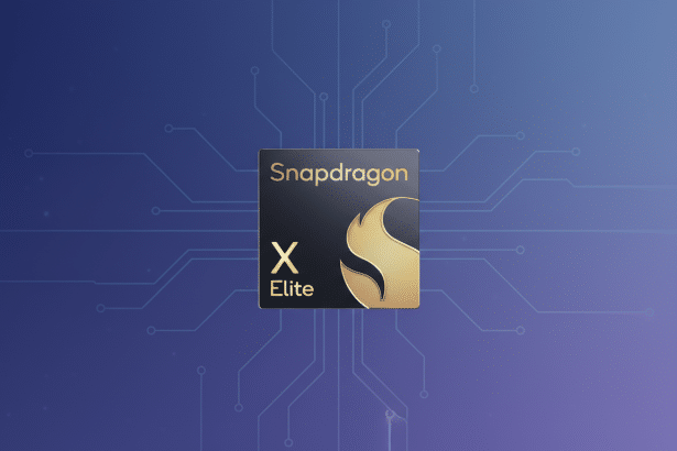 A Snapdragon X Elite chip centered on a professional flat design background with a blue-purple gradient and subtle circuit board patterns.