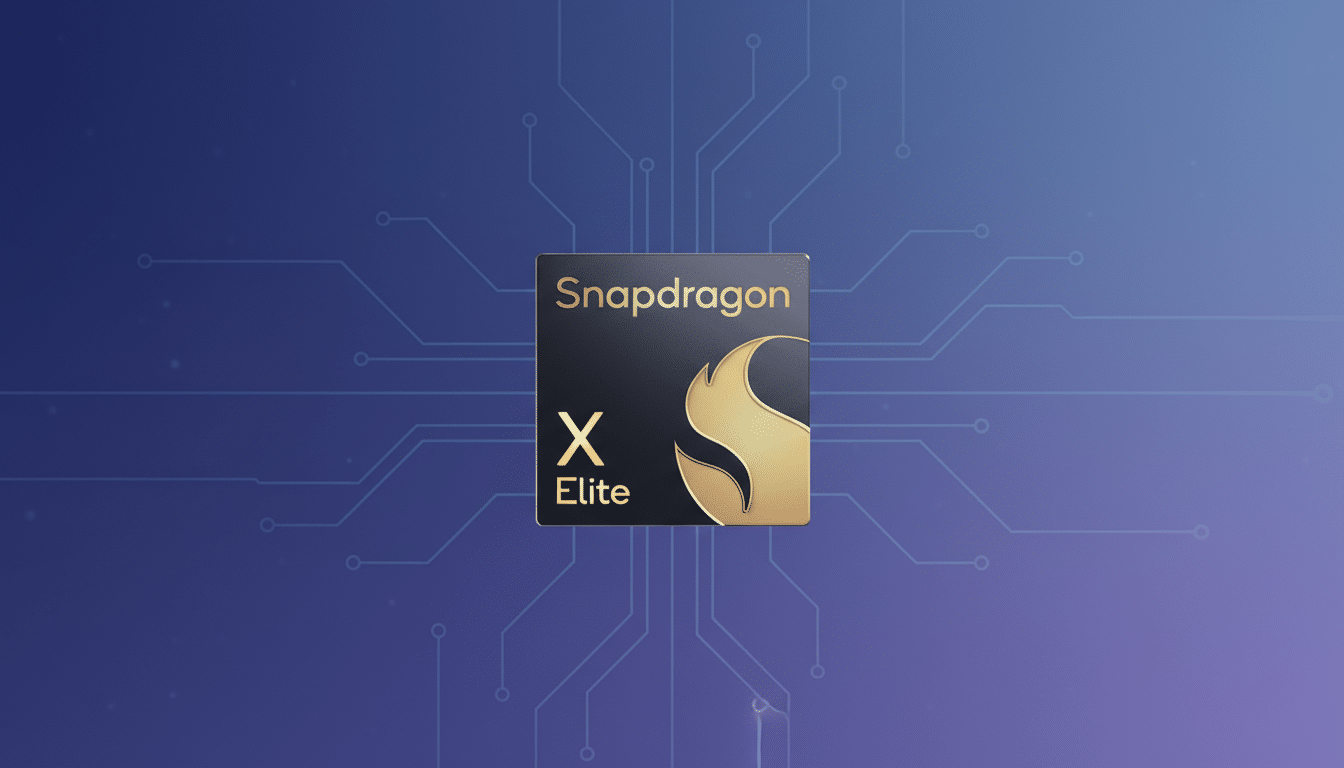 A Snapdragon X Elite chip centered on a professional flat design background with a blue-purple gradient and subtle circuit board patterns.