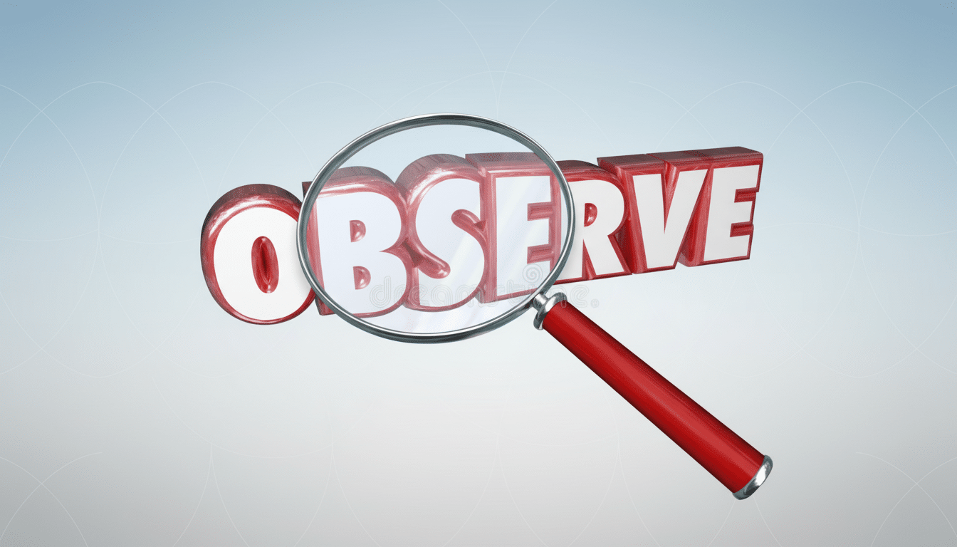 A magnifying glass with a red handle is positioned over the 3D word OBSERVE in red and white, set against a professional light blue background with subtle, soft patterns.