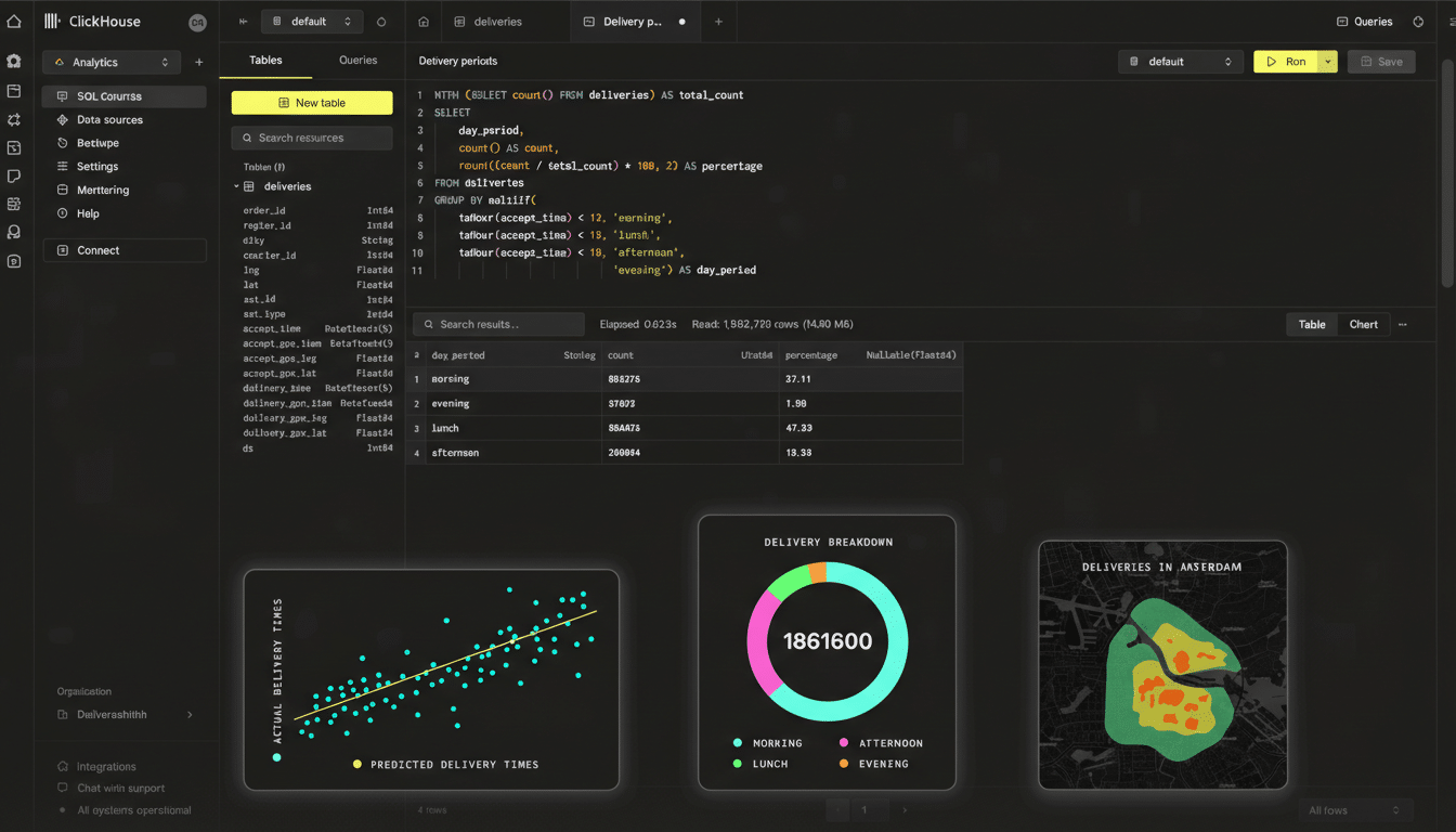 A screenshot of the ClickHouse user interface, displaying a SQL console with queries, tables, and data visualizations. The interface shows data related to delivery periods, including a scatter plot of actual vs. predicted delivery times, a donut chart of delivery breakdown by time of day, and a map showing deliveries in Amsterdam.