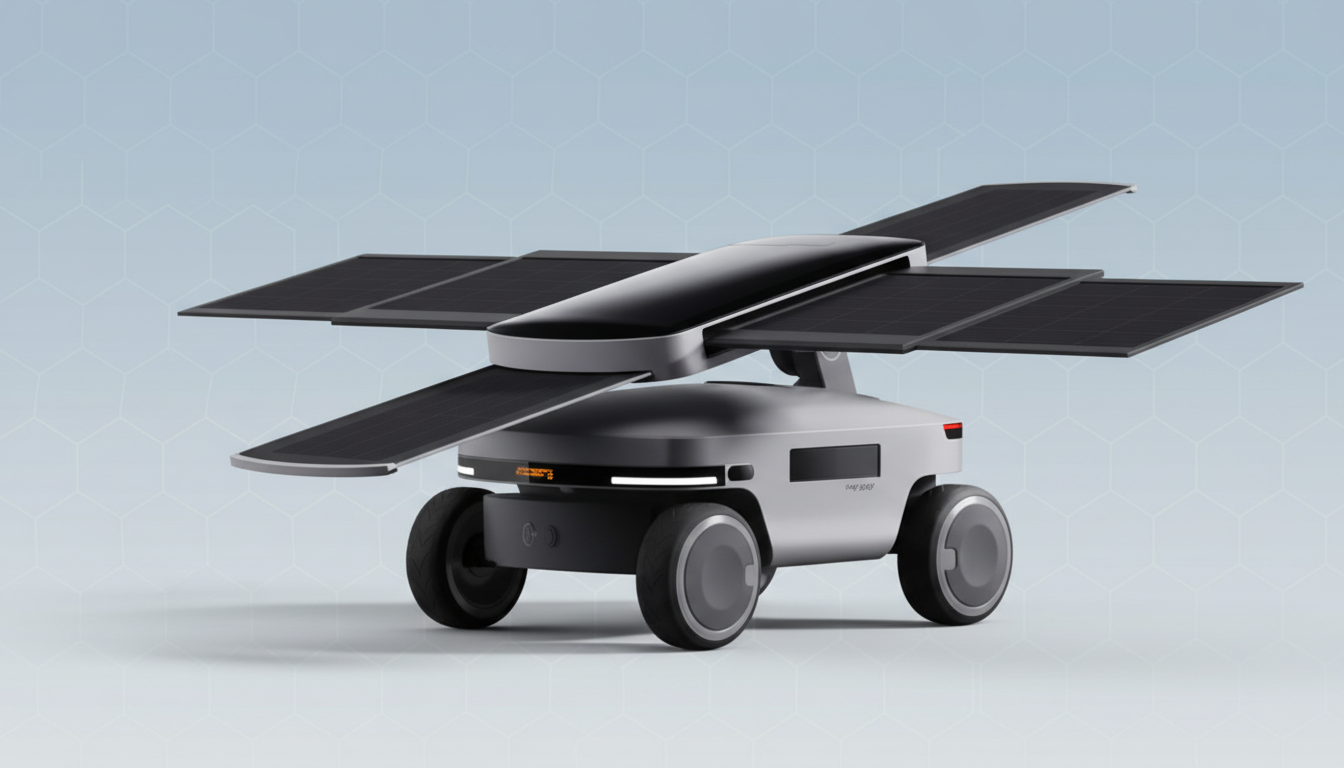 A sleek, four-wheeled delivery robot with solar panels extended like wings, set against a professional light blue gradient background with subtle geometric patterns.