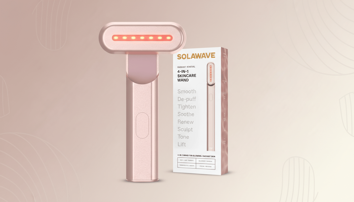 A Solawave 4-in-1 Skincare Wand and its packaging box are displayed on a professional flat design background with soft patterns and gradients.