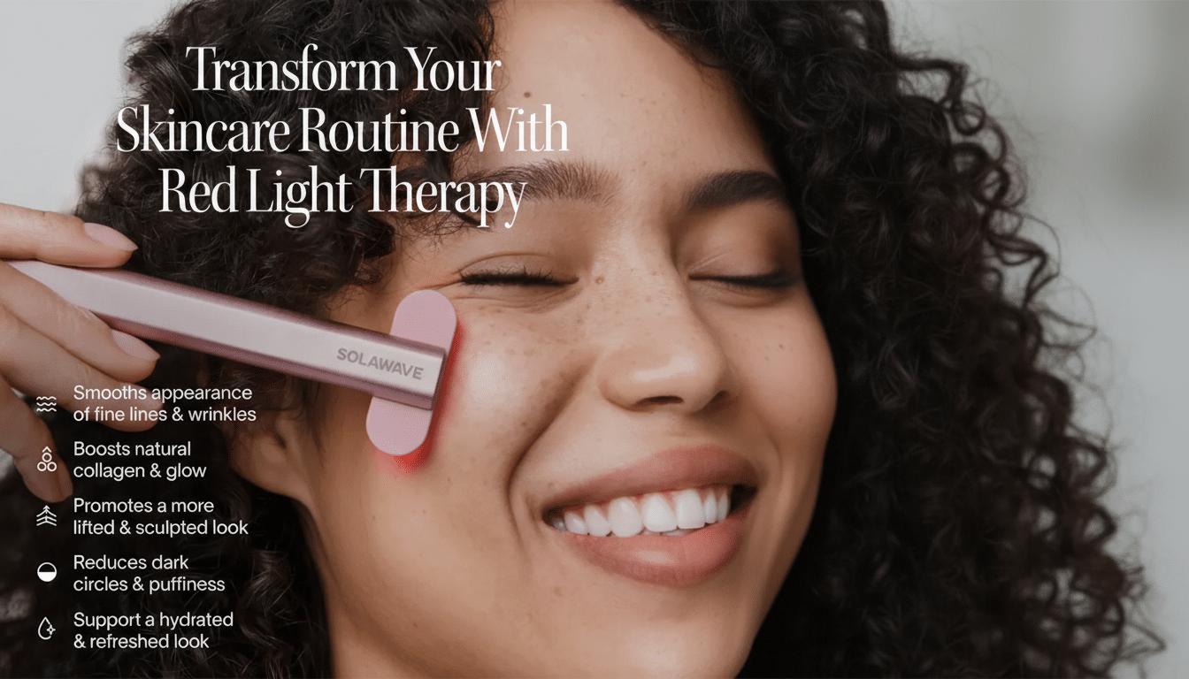 A woman with curly hair smiling with her eyes closed, using a pink Solawave red light therapy wand on her cheek. The text Transform Your Skincare Routine With Red Light Therapy is at the top, and a list of benefits is on the left.
