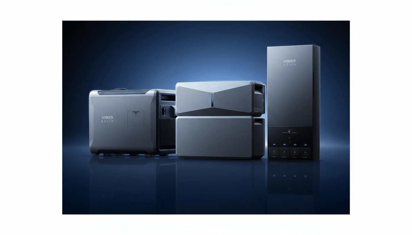 A professional image of three Anker Solix power stations on a dark blue background, resized to a 16:9 aspect ratio.