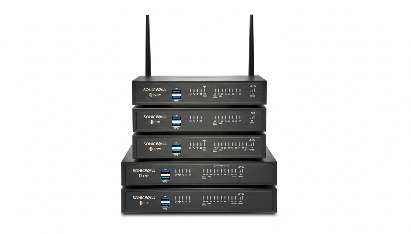 A stack of five black SonicWall network security appliances, each with various ports and indicator lights, against a clean white background.