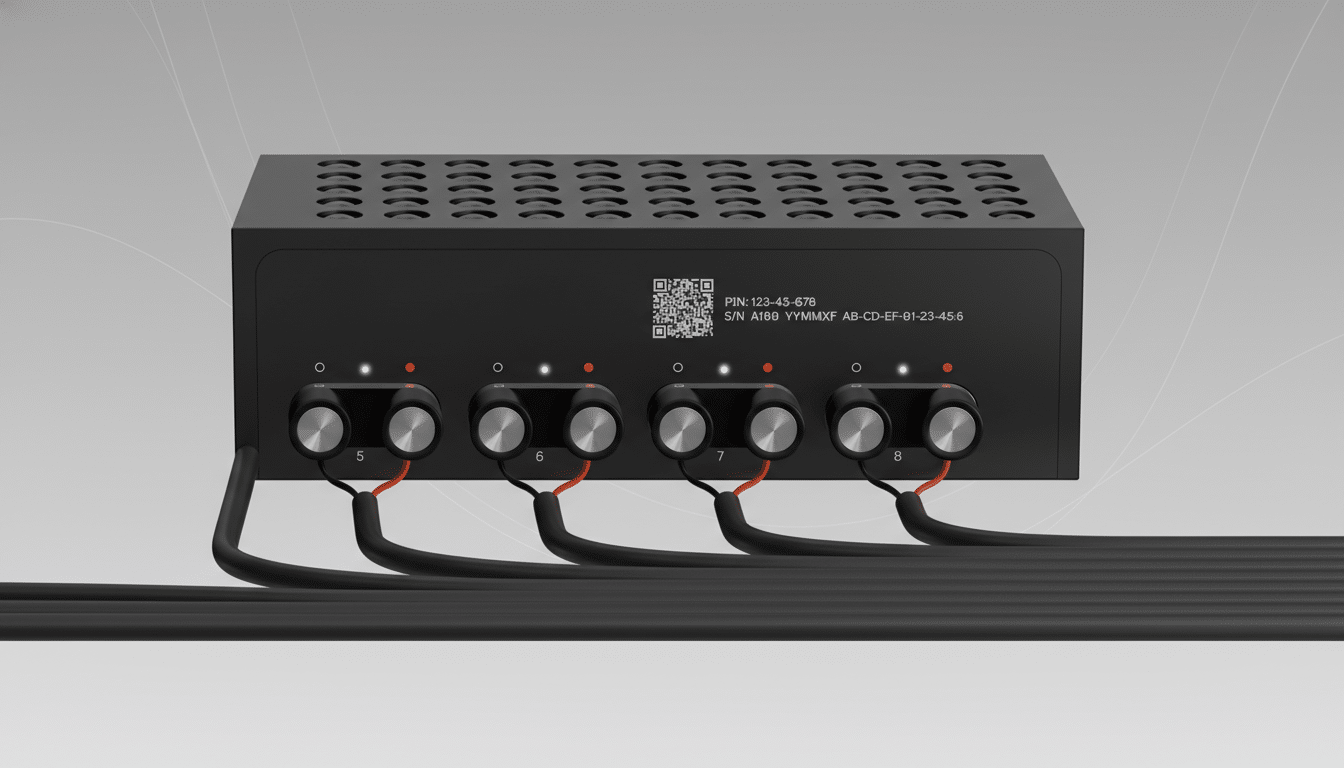 A black electronic device with eight ports, each connected to a cable, displayed against a professional flat gray background with subtle patterns.