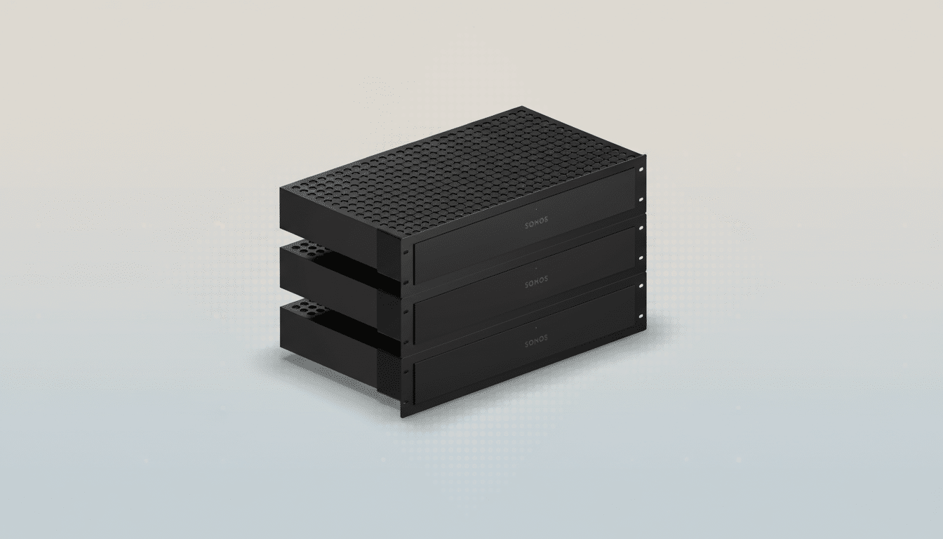 Three black Sonos audio components stacked on a light gray background with a subtle gradient.