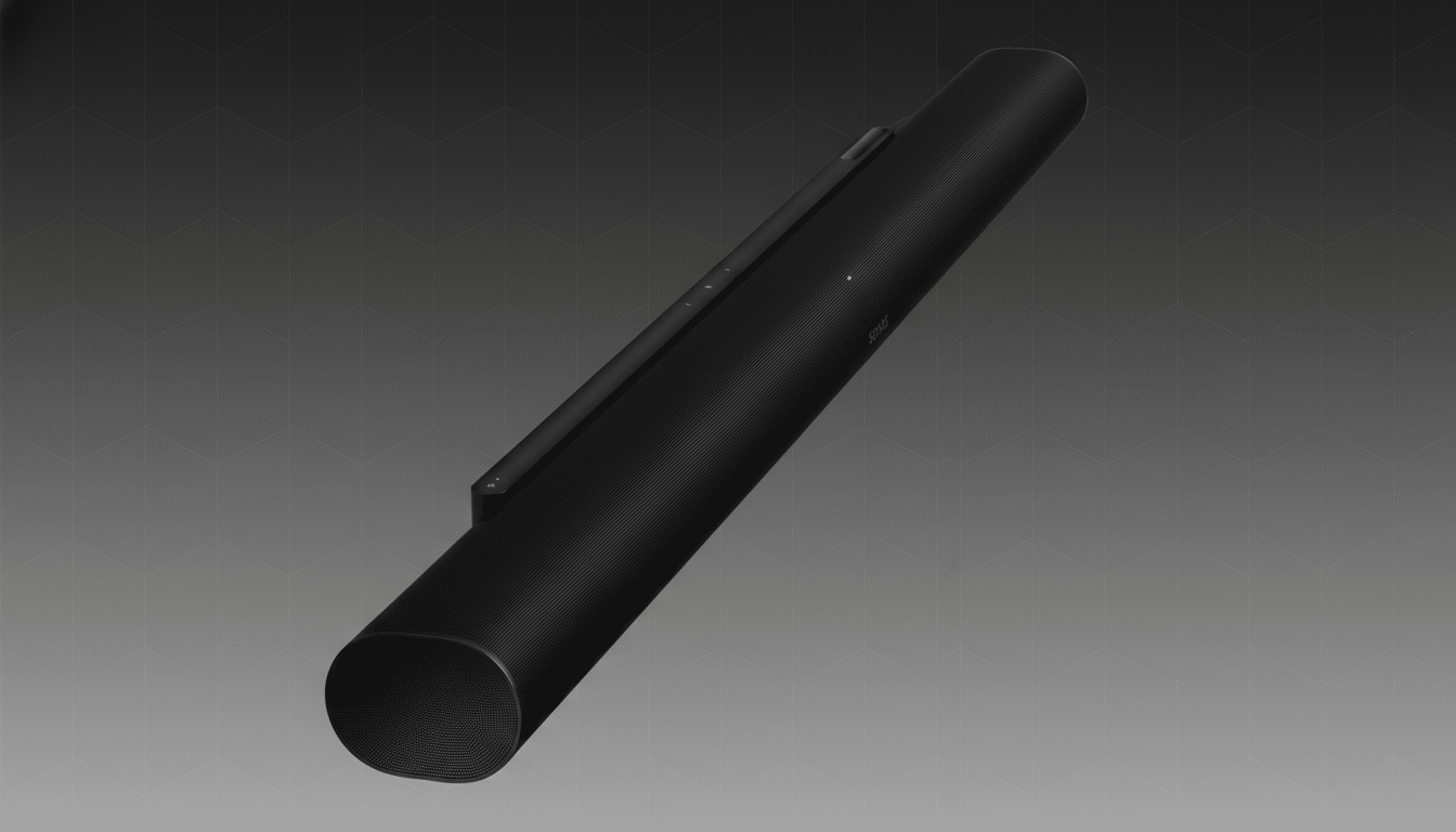 A black Sonos soundbar is angled on a dark gray background with a subtle geometric pattern.