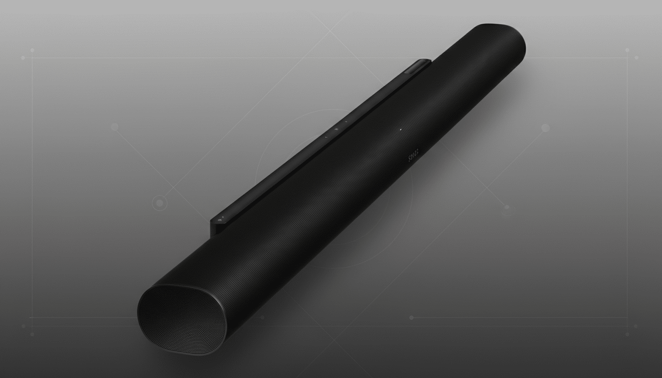 A black Sonos soundbar is angled on a professional gray background with subtle geometric patterns.