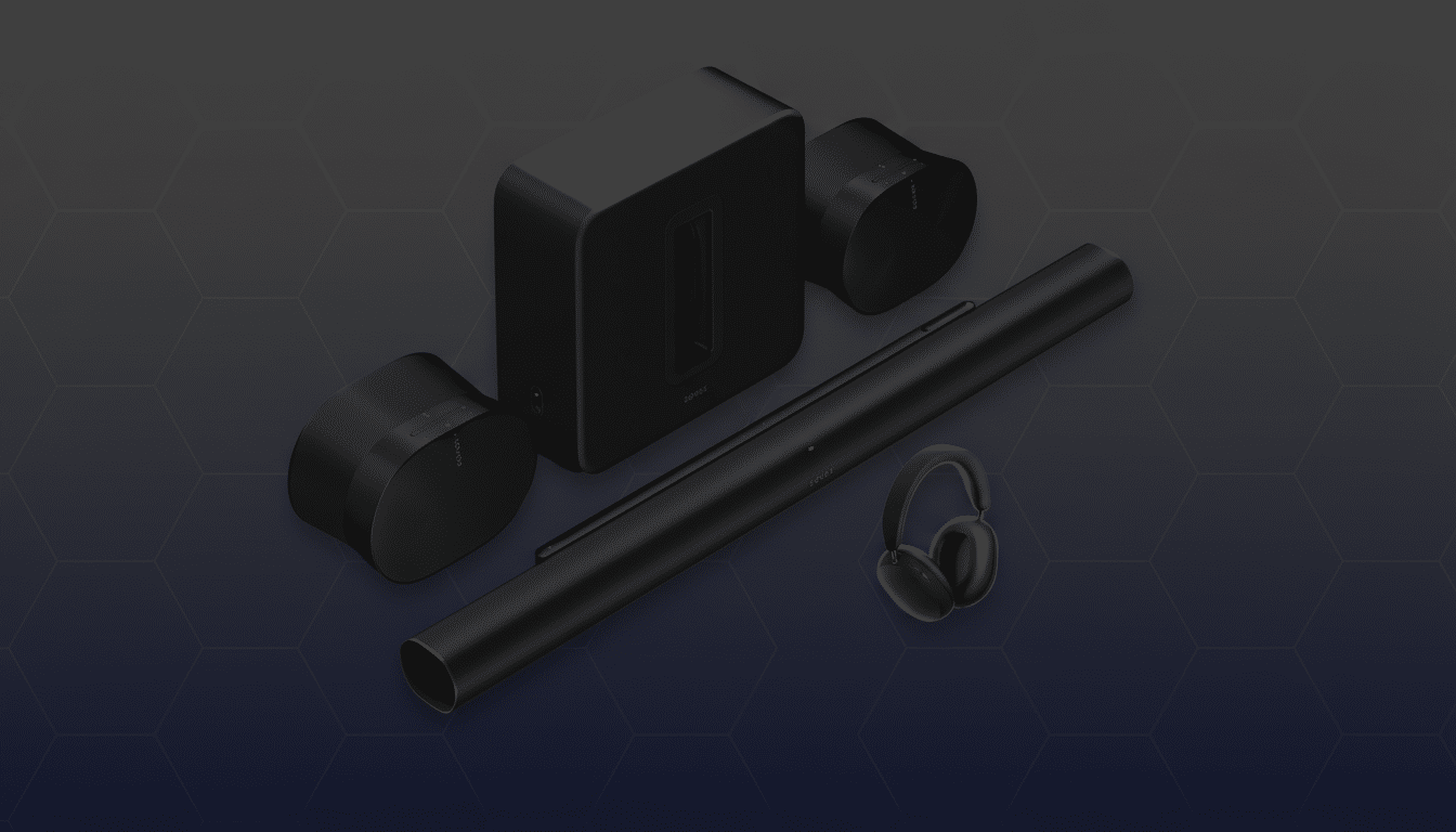 A professional 16:9 aspect ratio image of various black Sonos audio devices, including a soundbar, subwoofer, two round speakers, and headphones, arranged on a dark background with subtle hexagonal patterns.
