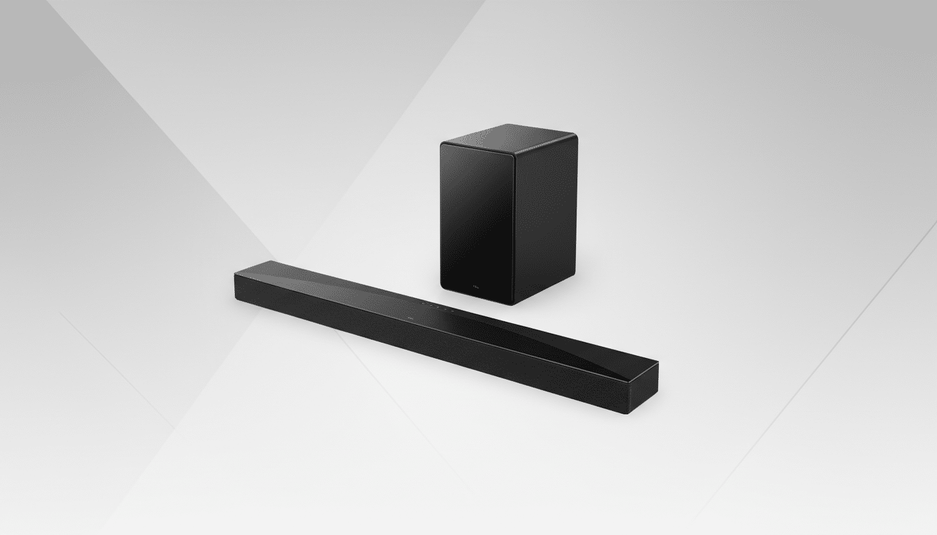 A black soundbar and a matching black subwoofer are positioned on a clean, professional background with subtle gray geometric patterns.