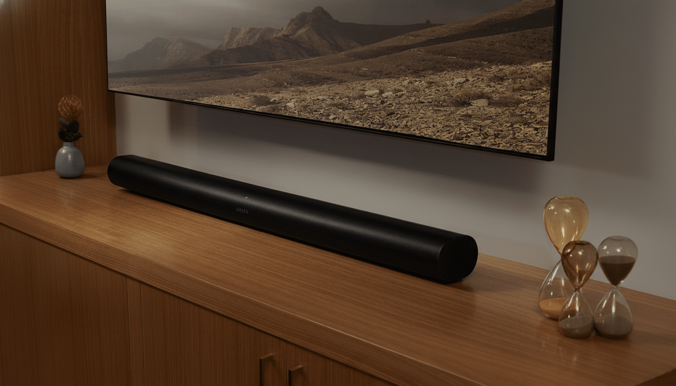 A black Sonos soundbar sits on a wooden cabinet beneath a wall-mounted television displaying a desert landscape.