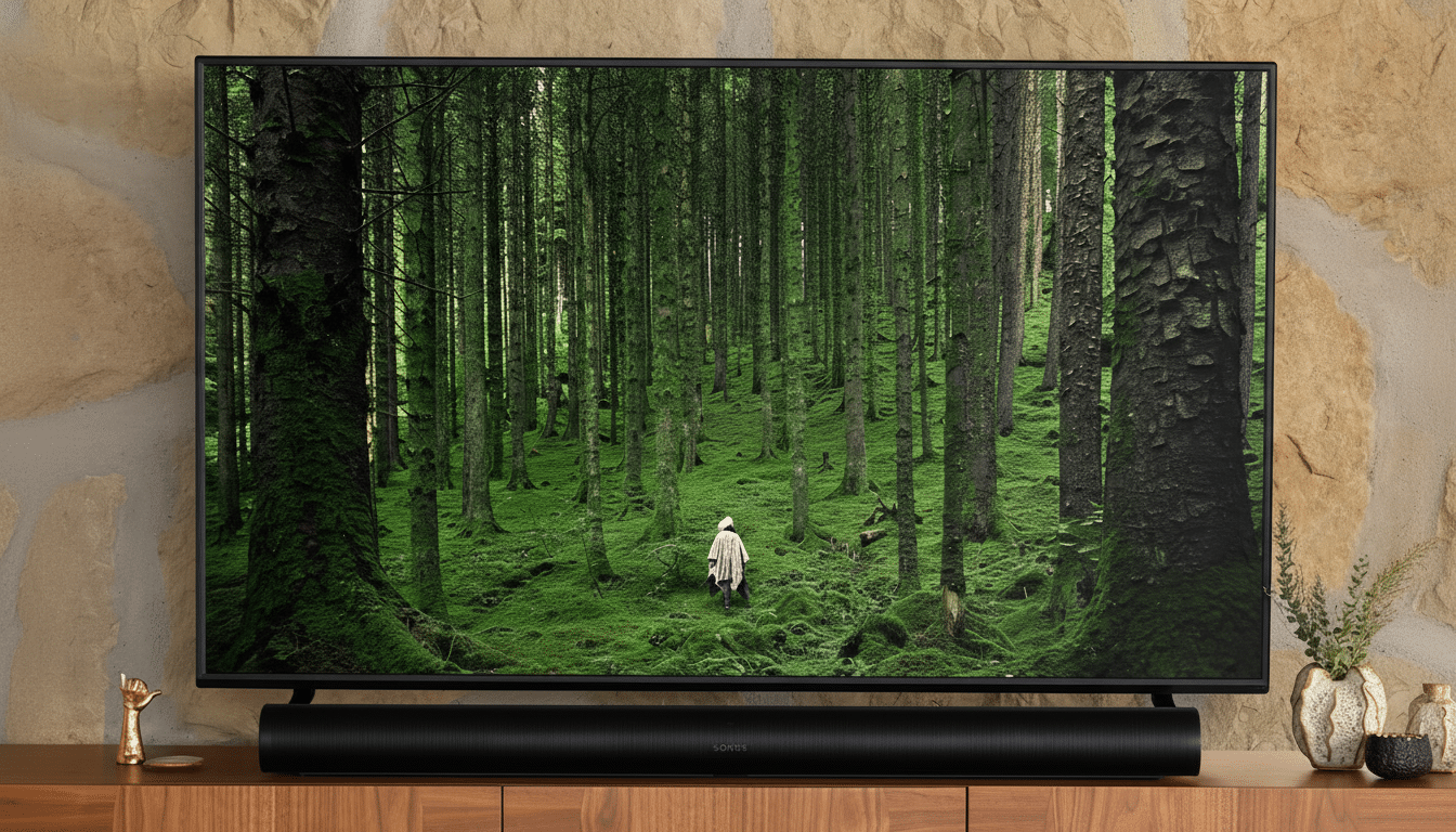 A television displaying a forest scene with a person walking, mounted above a Sonos soundbar on a wooden cabinet.