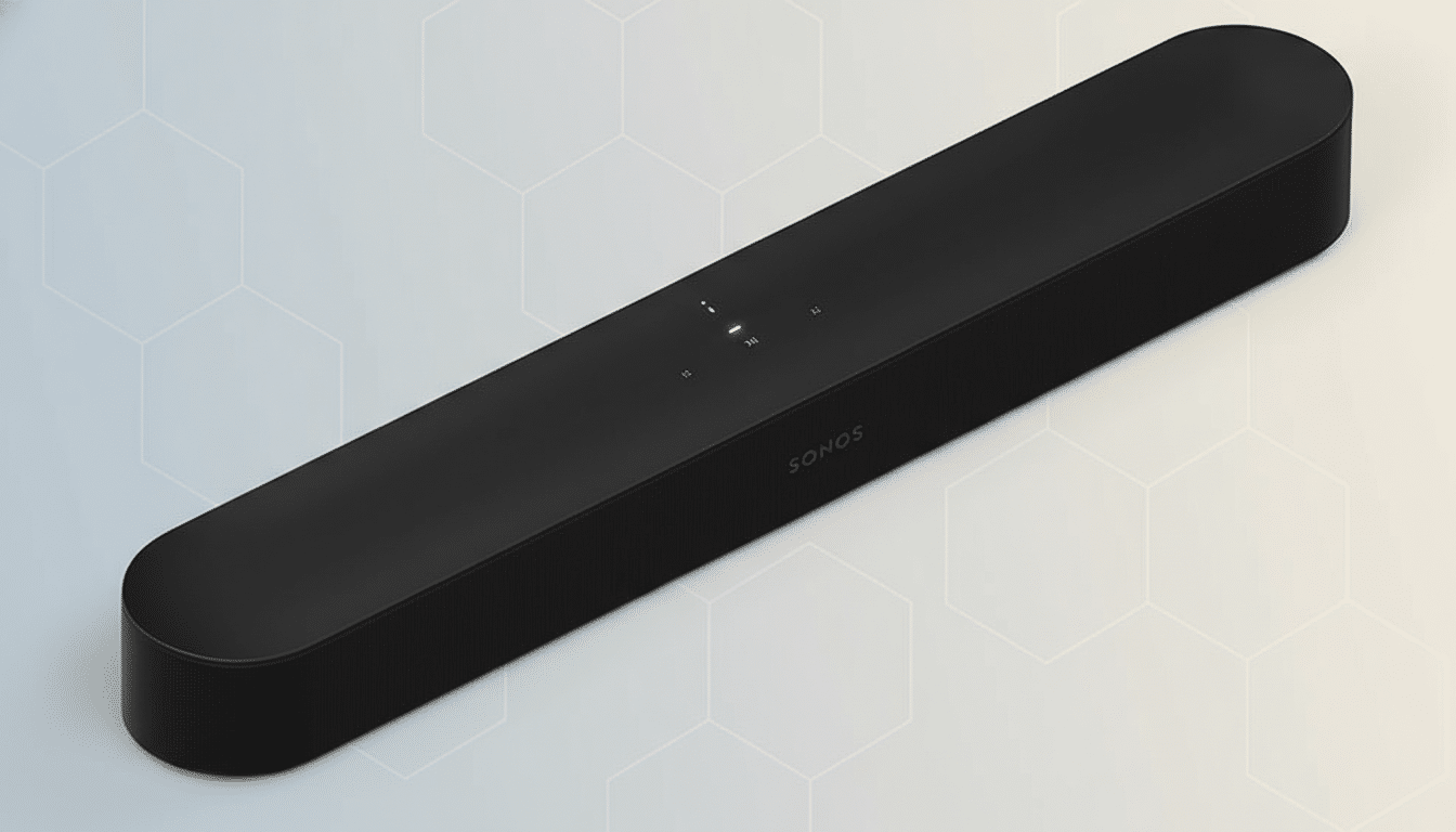 A black Sonos soundbar on a professional flat design background with soft patterns and gradients.